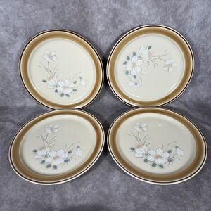4 Vtg Water Colors Hearthside Dawn Stoneware Dinner Plate Hand Painted Japan 70s